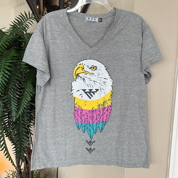 NWOT POL Gray V-Neck Short Sleeved T-Shirt Colorful Eagle Aztec Graphic Cotton - Picture 3 of 12